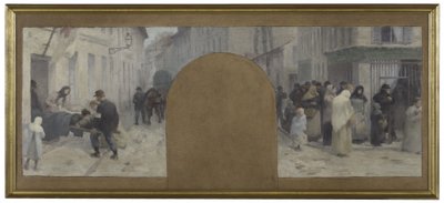 Schets voor het Hôtel de Ville de Paris, kabinet du préfet: Het vervoeren van de gewonden naar de ambulance. Wachtrijen voor een winkel tijdens het beleg van Parijs in 1870 door Paul Albert Baudouin