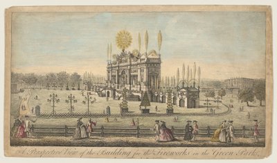 Een perspectivisch uitzicht op het gebouw voor het vuurwerk in het Green Park, Londen, ca. 1749 door Paul Angier