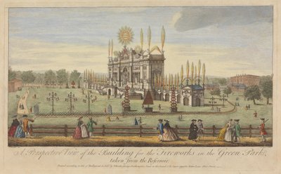 Een perspectief van het gebouw voor het vuurwerk in het Green Park, genomen vanaf het reservoir door Paul Angier