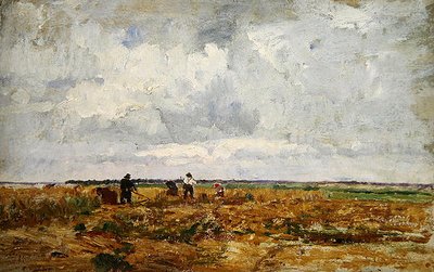 Een landschap in Dachau met boeren en vrouwen die op het land werken door Paul Baum