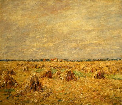 Geoogste velden in een vlak landschap door Paul Baum