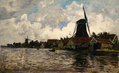 Holland, rivierlandschap met twee windmolens door Paul Baum