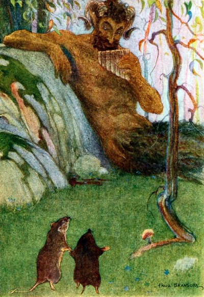 De Fluitspeler bij de Poorten van de Dageraad uit Wind in de Wilgen, pub. 1913 kleurenlithografie, 1913 door Paul Bramson.