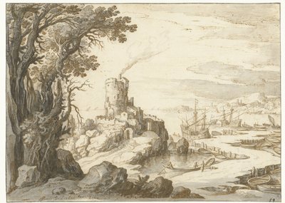 Gezicht op een kust met een donjon of vuurtoren door Paul Bril