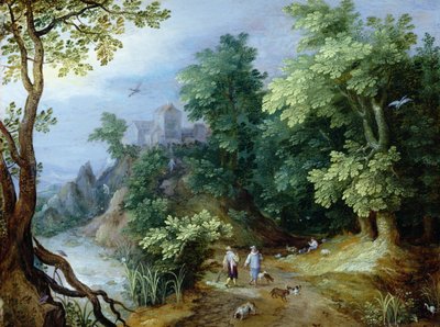Landschap met jagers en honden door Paul Bril