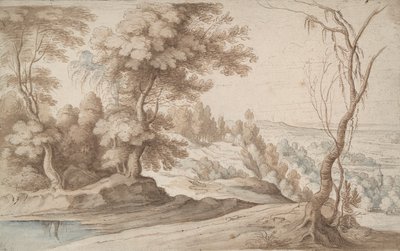 Landschap met bomen en uitzicht op een vallei door Paul Bril