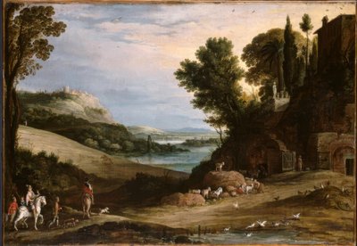 P.Bril, Italiserend landschap met valkenjacht door Paul Bril