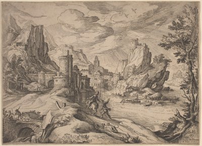 Rivierlandschap met reizigers door Paul Bril