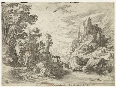 Rivierlandschap in Campania met stad op rotsen door Paul Bril