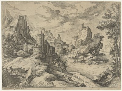 Rotskust in Campania met stad en reizigers door Paul Bril
