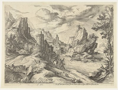 Rotskust in Campania met stad en reizigers door Paul Bril