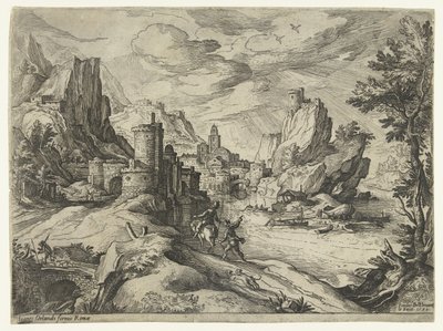 Rotskust in Campania met stad en reizigers door Paul Bril
