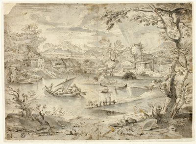 Uitzicht op de stad met vissersboot op de voorgrond door Paul Bril