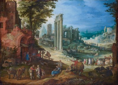 Uitzicht op het Forum Romanum met de zuilen van de Castor en Pollux tempels en de Hadrianus basiliek door Paul Brill