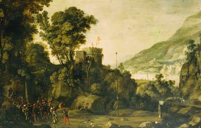 Een Bergachtig Rivierlandschap met een Scène uit het Leven van Willem Tell door Paul Bril