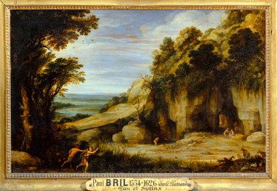 La Nymphe Syrinx poursuivie par Pan et bientôt changee en roseau - De nimf Syrinx achtervolgd door de god Pan en ... door Paul Brill or Bril