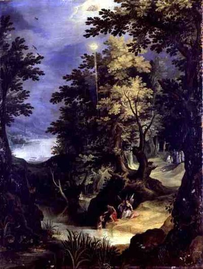 Landschap met de doop van Christus en de dooppreek door Paul Brill or Bril