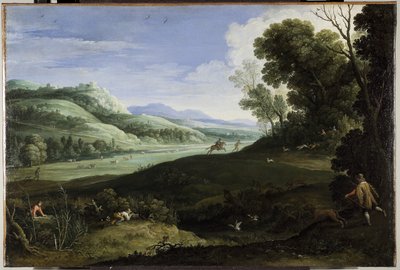 Landschap met jagers door Paul Brill or Bril