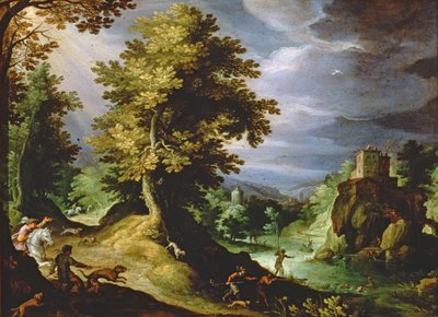 Landschap met een hertenjacht, 1591 door Paul Bril