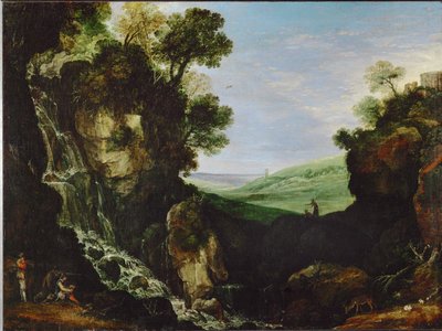 Landschap met waterval en Vestatempel in Tivoli door Paul Brill or Bril
