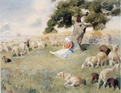 Herder met een kudde schapen door Paul Burman