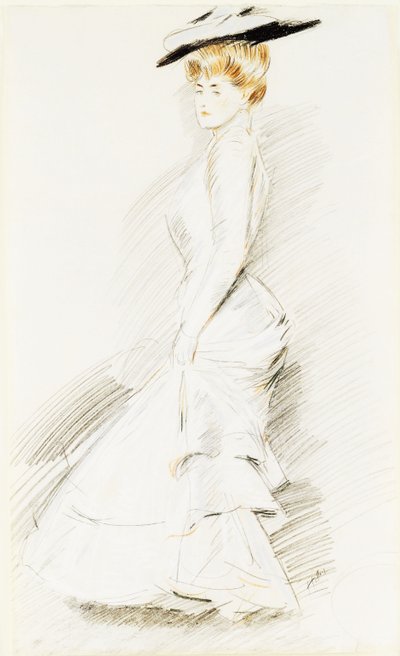 Een elegante dame in een witte jurk door Paul Cesar Helleu