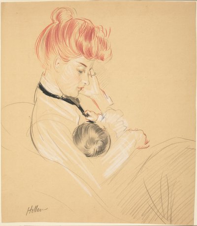Madame Helleu wiegt Paulette in haar armen door Paul Cesar Helleu