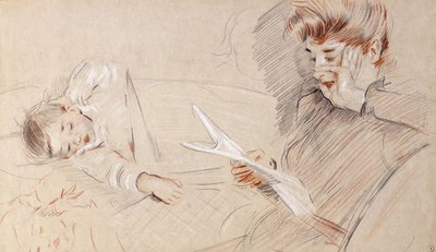 Madame Helleu lezend, met Paulette liggend naast haar op een sofa door Paul Cesar Helleu