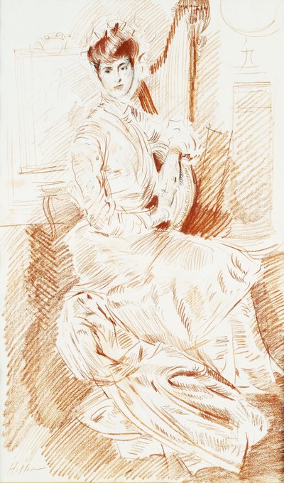 Madame Helleu zittend bij een harp door Paul Cesar Helleu