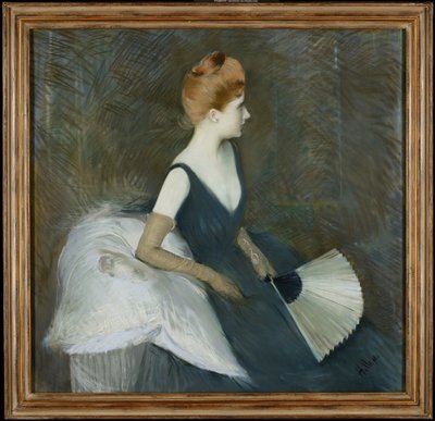 Madame Marthe Letellier Zittend op een Sofa, met een Waaier, ca. 1895 door Paul Cesar Helleu