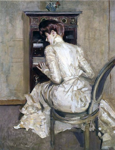 De vrouw van de kunstenaar aan haar secretaire, c.1900 door Paul Cesar Helleu