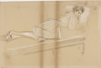 Vrouw voorover liggend op rustbank door Paul Cesar Helleu