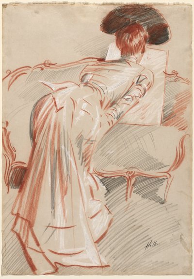 Vrouw (Mogelijk Madame Alice Hellu) Kijkt naar een Tekening, ca. 1895 door Paul Cesar Helleu