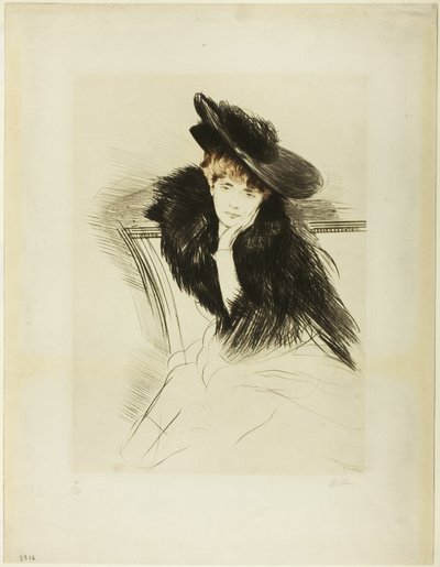 Zittende vrouw voorover gebogen, kin in linkerhand door Paul Cesar Helleu