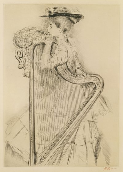Vrouw met een harp door Paul Cesar Helleu
