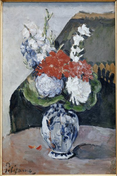 Boeket in een Delfts vaas door Paul Cézanne