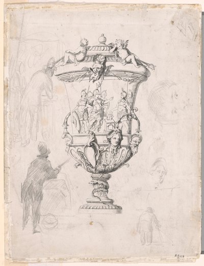 Figurenstudies Rond een Gravure van een Sierlijke Vaas door Paul Cézanne