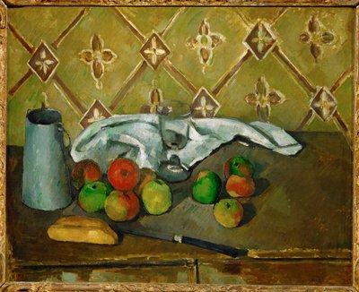 Fruit, servet en kannetje melk door Paul Cézanne