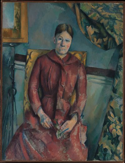 Madame Cézanne (Hortense Fiquet, 1850-1922) in een rode jurk door Paul Cézanne