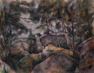 Rotsen in het bos door Paul Cézanne