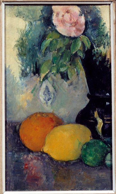 Stilleven van bloemen en fruit door Paul Cézanne