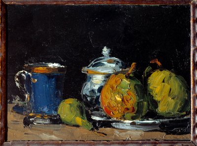 Suikerpot, blauwe kop en peren door Paul Cézanne