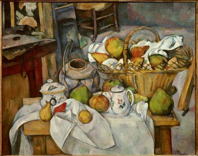 Stilleven keukentafel met een fruitmand op een tafel door Paul Cézanne