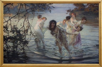 Gelukkige ebats. Jonge vrouwen die plezier hebben tijdens het zwemmen in het water van een rivier door Paul Chabas