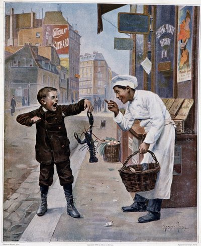 Jonge kok maakt grapjes met een kind dat door een kreeft wordt geknepen - tekening door Chocarne-Moreau door Paul Charles Chocarne Moreau