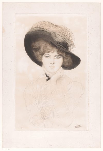 Portret van een onbekende vrouw met hoed door Paul César Helleu (signed by artist)
