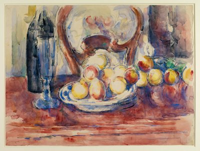 Appels, fles en stoelrug door Paul Cézanne