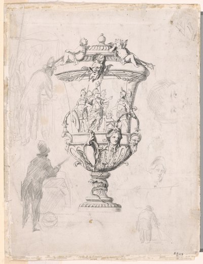 Figurenstudies Rond een Gravure van een Sierlijke Vaas door Paul Cézanne