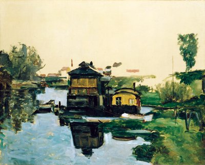 Drijvende huizen op een rivier door Paul Cézanne