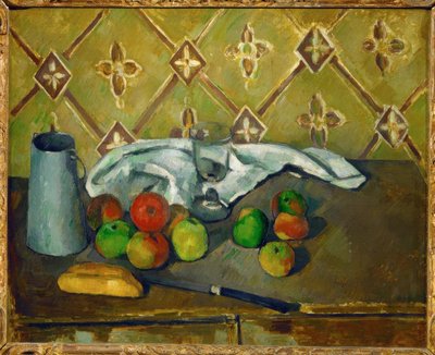 Stilleven (Fruit, servet en melkkan) door Paul Cézanne
